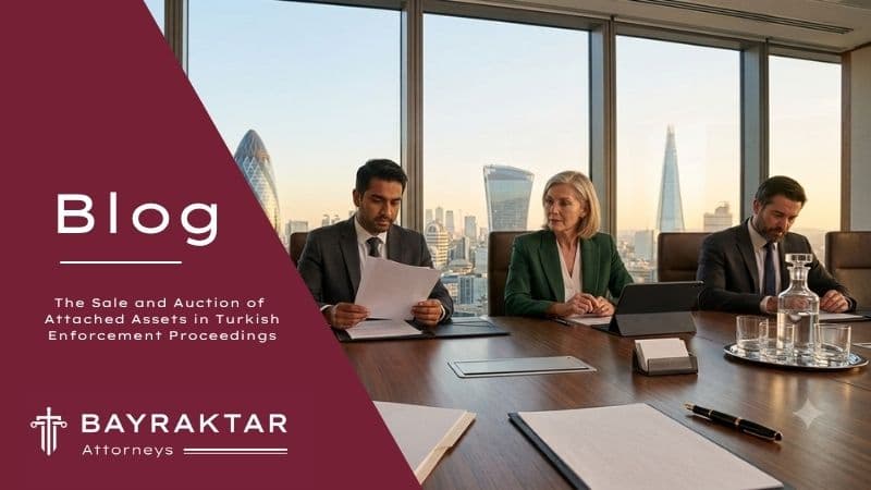 A professional meeting of corporate lawyers reviewing legal documents regarding the sale and auction of attached assets in Turkish enforcement proceedings, set against a modern city skyline background.