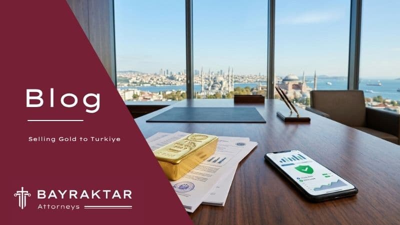 A professional photograph in a luxury law office overlooking the Bosphorus in Istanbul, showing a 1 kg gold bar on top of official international trade documents, next to a smartphone displaying a digital asset tracking app.