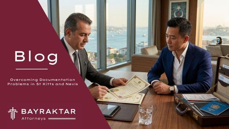 An attorney at Bayraktar Attorneys reviewing official Saint Kitts and Nevis passport documents and apostilled certificates with a global investor in an Istanbul office overlooking the Bosphorus.