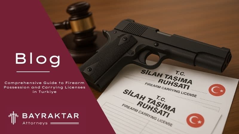 A visual illustration of a Turkish firearm license application scene showing a civilian presenting official documents, including the Turkish firearm request form, to an interior ministry officer, with a legally registered handgun displayed nearby.