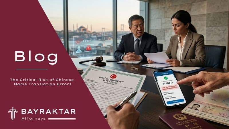 A professional office meeting in Istanbul with a Chinese investor and a female lawyer reviewing a Turkish title deed (Tapu Senedi). On the desk, a Chinese passport, legal documents, and a smartphone showcasing a mismatch warning are displayed, with an E-Devlet database alert hologram in the background and a Gemini logo in the bottom left corner.