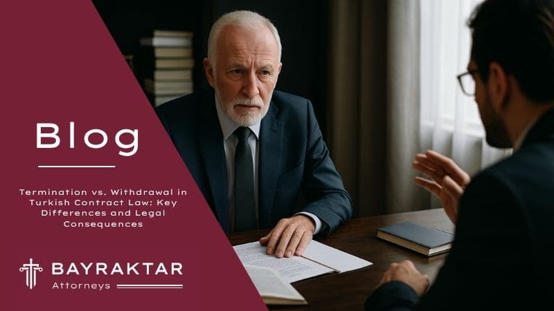 A photograph captures an older Caucasian male lawyer in a navy suit advising a younger client across a desk in a Turkish law office, symbolizing contract termination or withdrawal discussions.