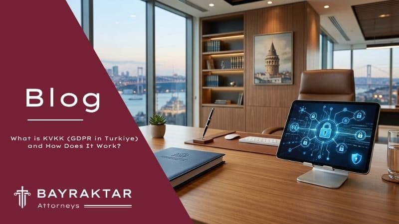 A professional and corporate desk setup in an Istanbul law office. A physical legal folder focusing on data protection compliance parameters sits next to a tablet displaying stylized network security nodes and encrypted data streams. A modern privacy shield icon is subtly visible, looking completely realistic and corporate with no text or letters on the image.