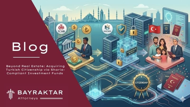 Four-step visual workflow for Turkish citizenship by investment showing Sharia-compliant fund selection, TCMB currency conversion, MSK/MKK digital blockage security, and final Turkish passport acquisition