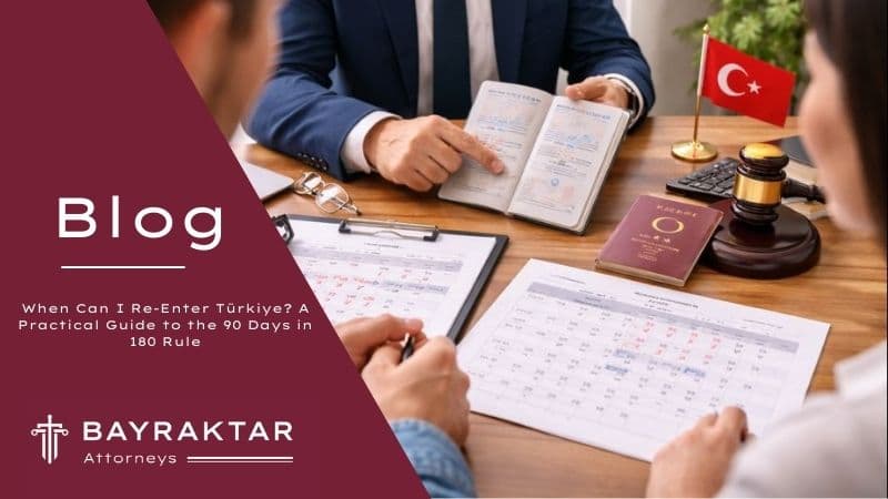 A legal consultation scene showing a lawyer reviewing passport entry and exit stamps with foreign nationals to calculate the 90 days in 180 rule for Türkiye.