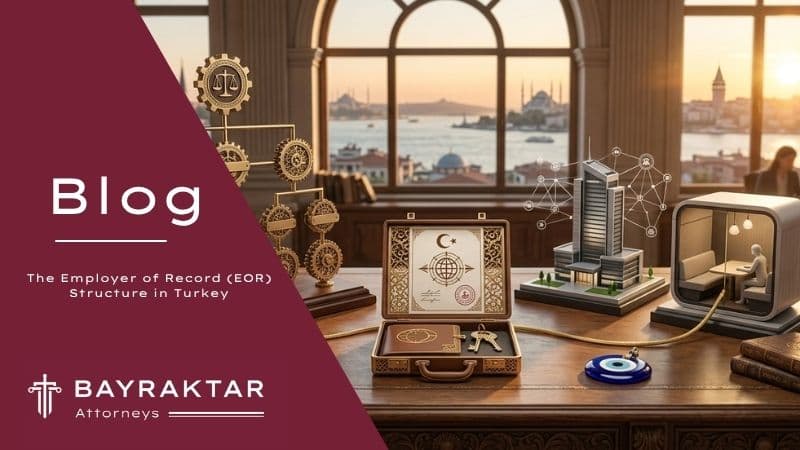A legal briefcase with Turkish official documents and a corporate building model connected to a remote office pod, representing the Employer of Record (EOR) employment structure in Turkey, with Istanbul Bosphorus skyline in the background