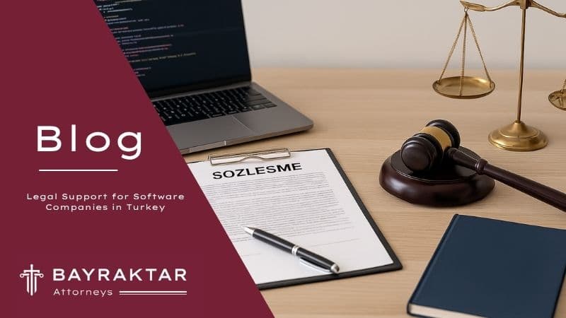 A legal office desk with a contract titled “Sözleşme,” a gavel, scales of justice, a closed legal book, and a laptop displaying code on the screen.