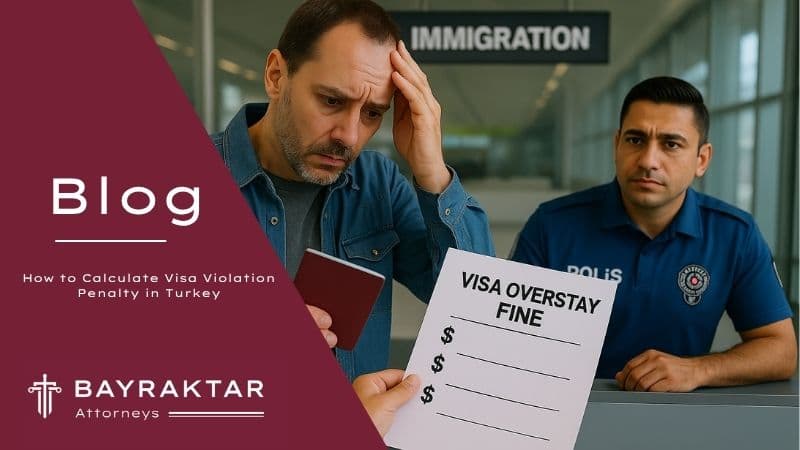 A concerned male traveler holds his passport and looks at a visa overstay fine notice at a Turkish immigration checkpoint, while a Turkish police officer in a blue uniform watches from behind the counter.