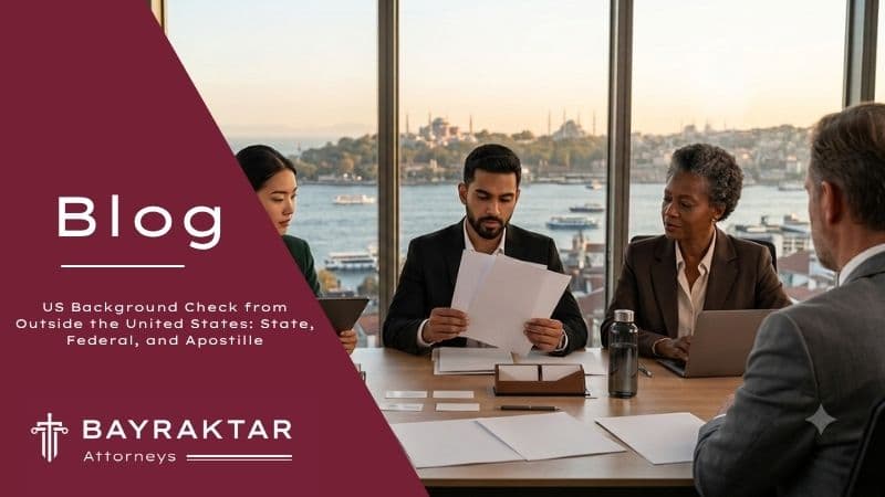 A diverse team of international lawyers reviewing official state and federal criminal records and apostille documents in a high-rise office overlooking Istanbul.