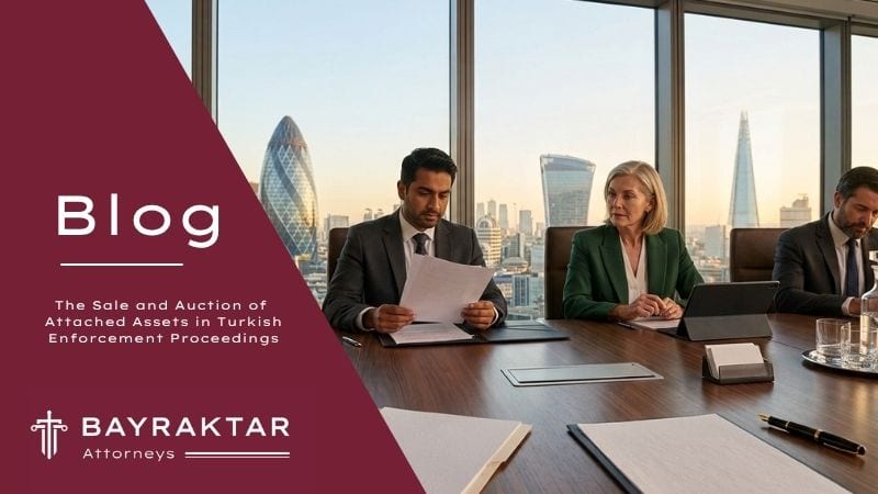 A professional meeting of corporate lawyers reviewing legal documents regarding the sale and auction of attached assets in Turkish enforcement proceedings, set against a modern city skyline background.
