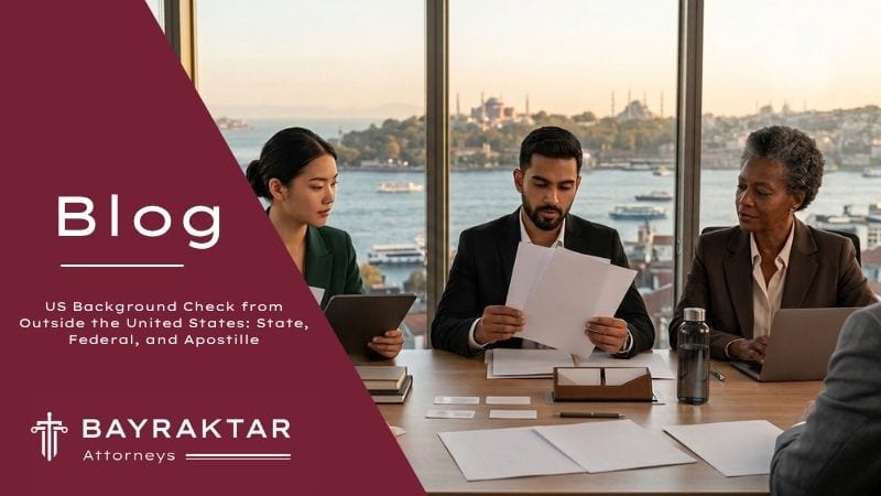 A diverse team of international lawyers reviewing official state and federal criminal records and apostille documents in a high-rise office overlooking Istanbul.