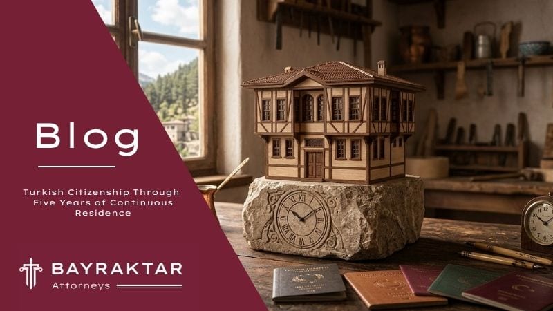A miniature traditional Turkish house mounted on a stone clock base, surrounded by passports and documents on a wooden desk, symbolizing Turkish citizenship through five years of continuous residence